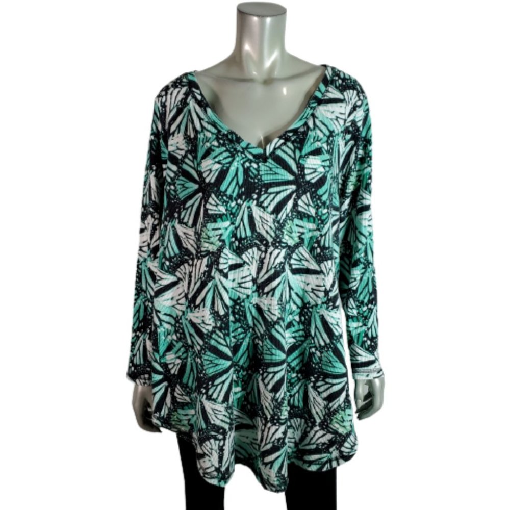 Roaman's Top Plus Size 18/20 Tunic Butterfly Print Waffle Knit Stretch Green